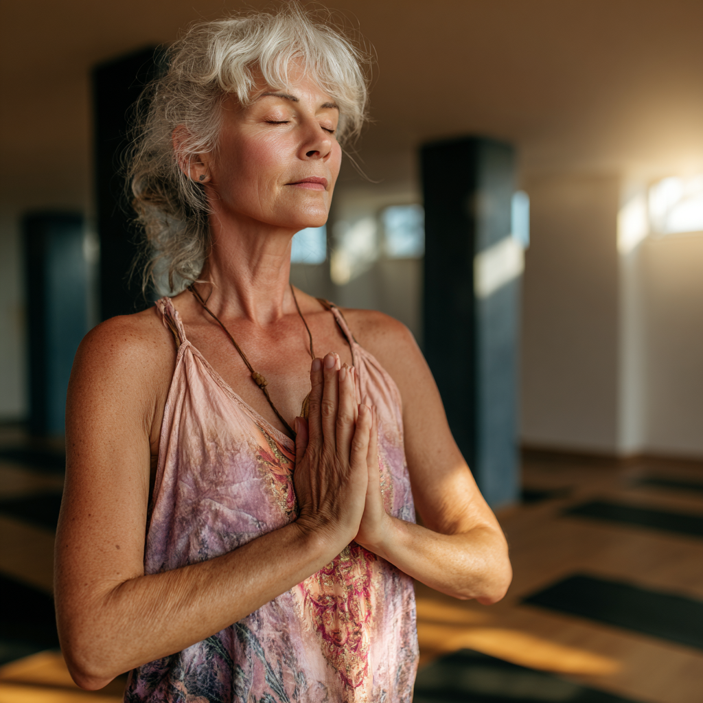 Mature woman practicing gentle yoga poses in peaceful studio setting